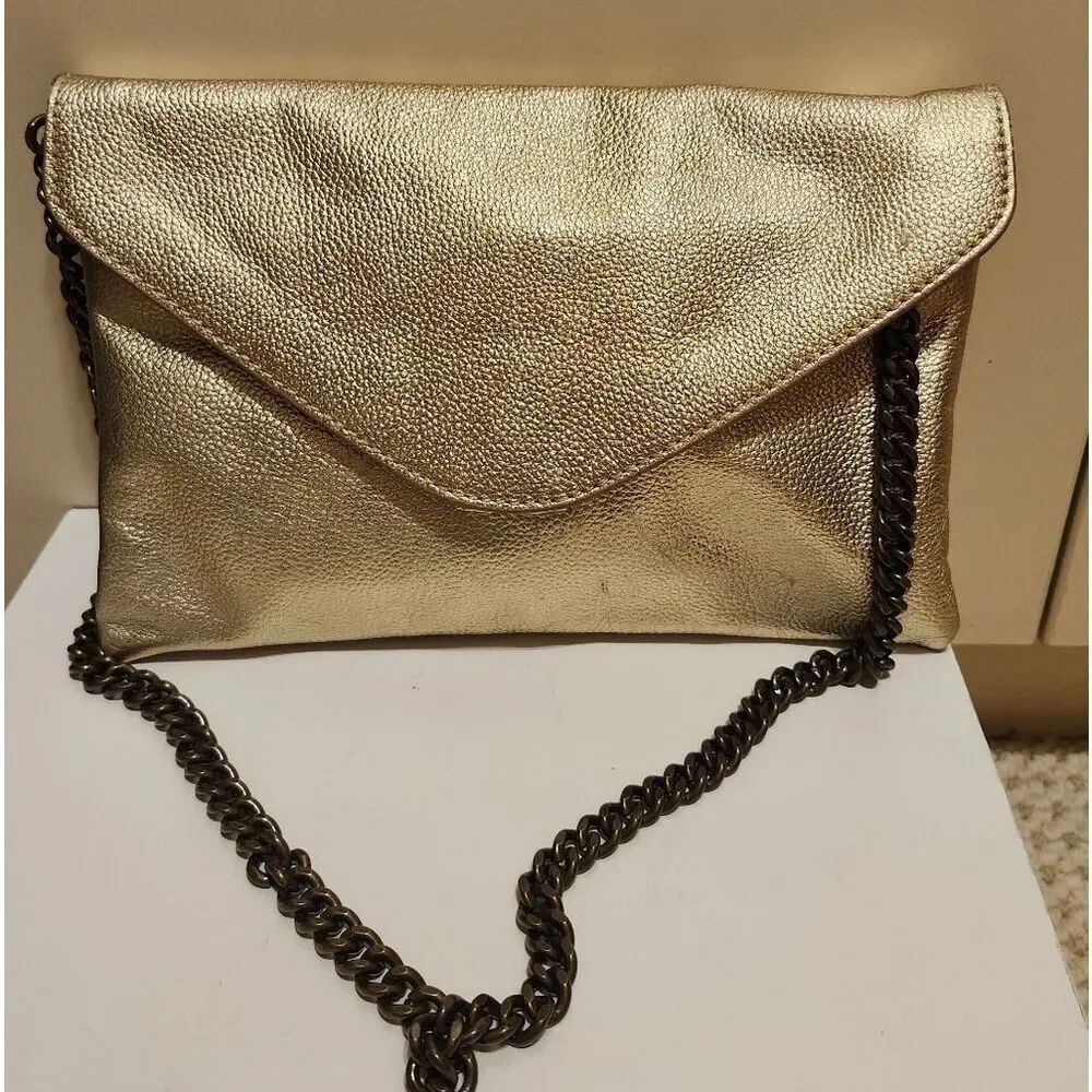 J.Crew Metallic Gold Pebbled Luxe Leather Envelope Style Shoulder Bag Ret.$149